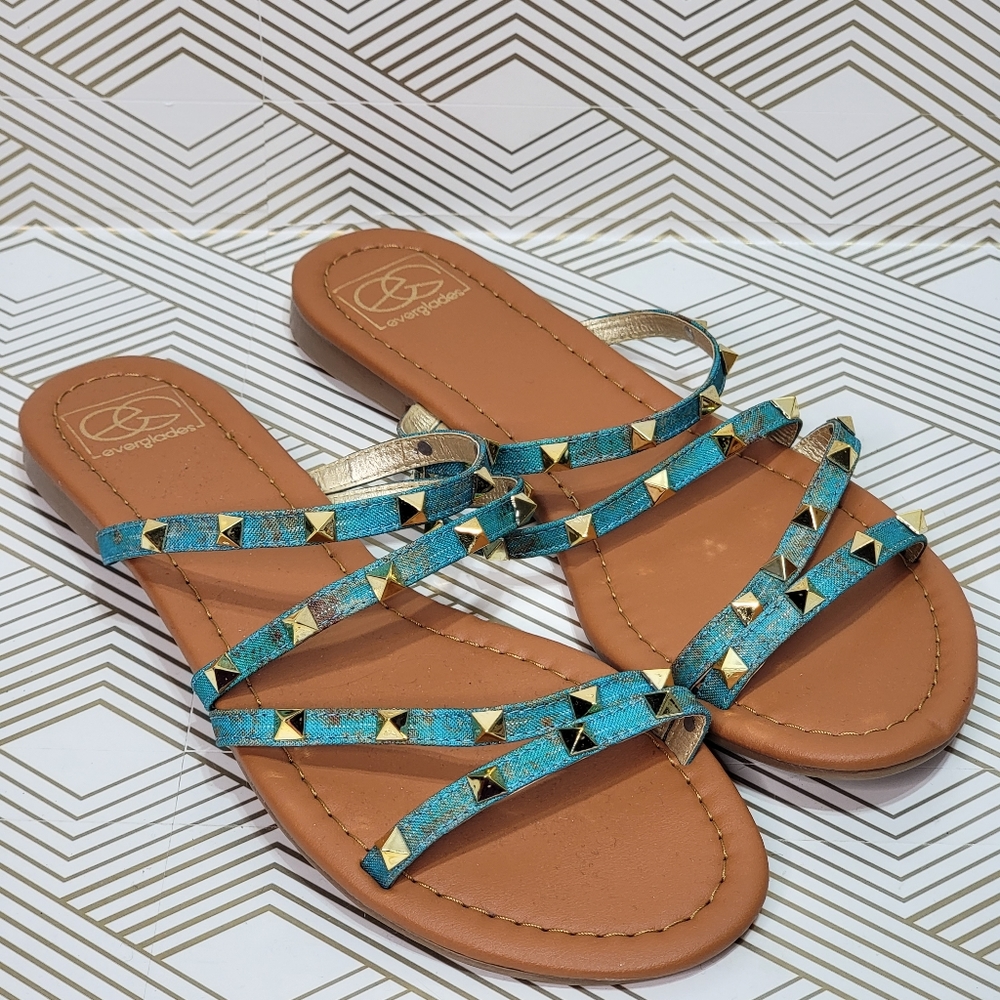 NWOT Everglades Women's Green Mimi Sandals Gold Spikes Slip-on Size 10.